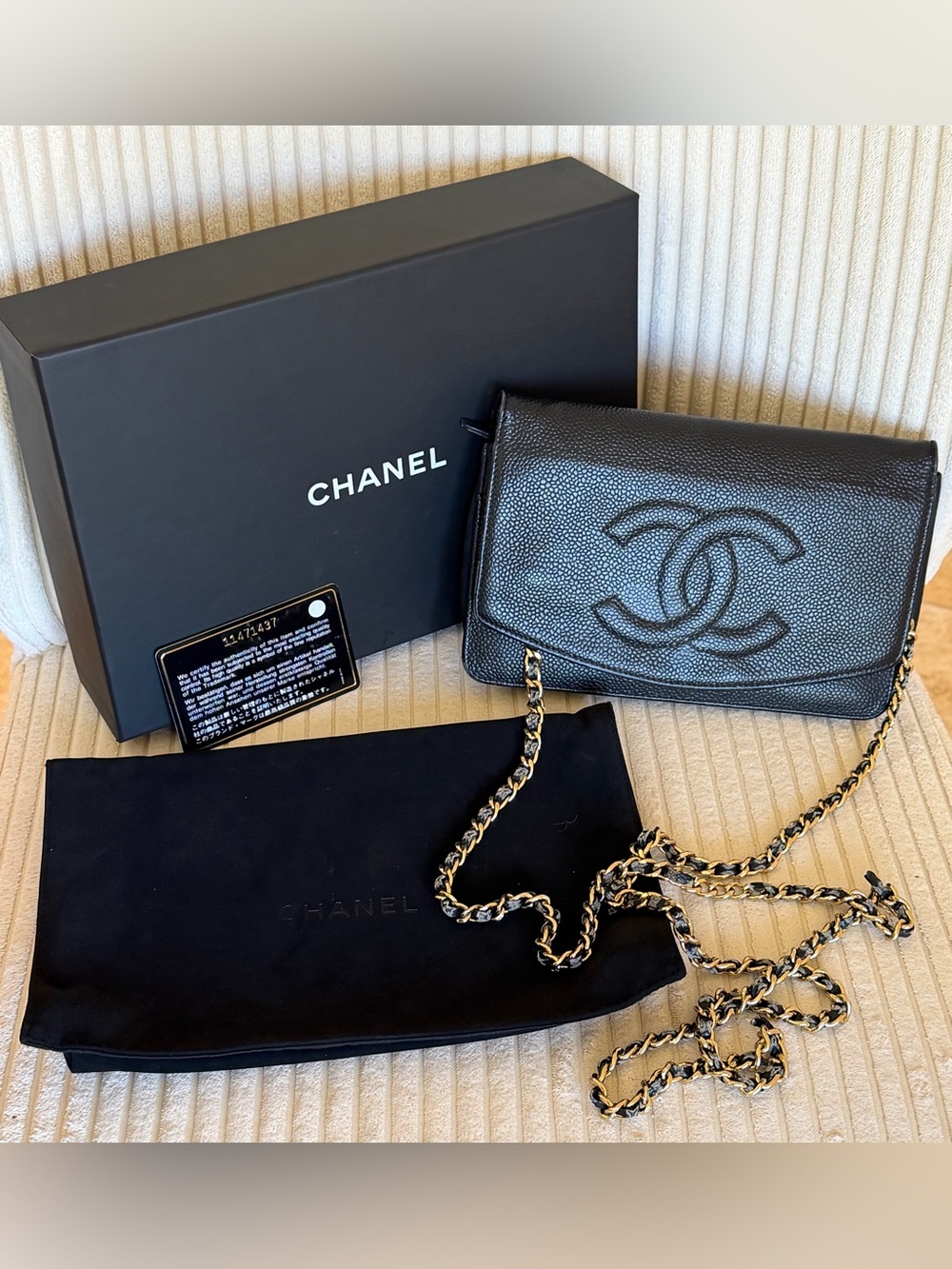 Vintage CHANEL caviar leather bag, suede dust bag, box and authenticity card 8x5